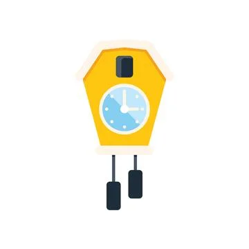 Yellow cuckoo clock telling time with pendulum swinging Stock Illustration