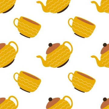 Yellow cup and teapot pattern for packaging or printing Stock Illustration