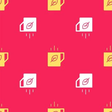 Yellow Cup of tea and leaf icon isolated seamless pattern on red background Stock Illustration
