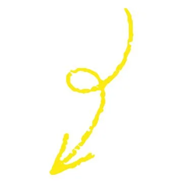 Yellow curved arrow with a curl, handwritten with a pencil or marker, direction Stock Illustration