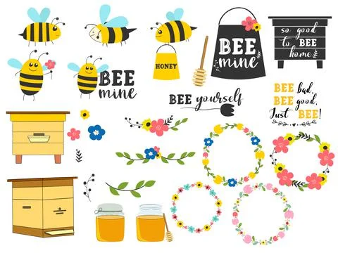 Yellow cute cartoon bee set on white background. Summer vector illustration. Stock Illustration