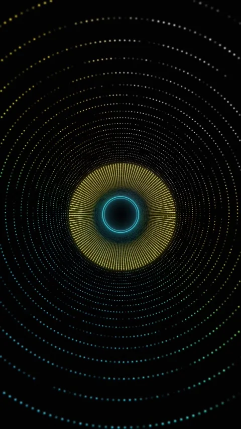 Yellow cyan dotted vortex visual glowing circular tunnel, black center space, an Stock Footage 340577249