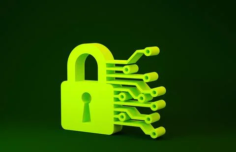 Yellow Cyber security icon isolated on green background. Closed padlock on di Illustrazione stock