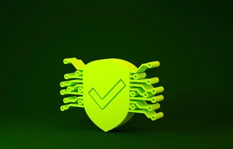 Yellow Cyber security icon isolated on green background. Shield with check ma Stock Illustration