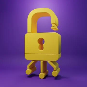 Yellow Cyber security icon isolated on purple background. Closed padlock on.. Illustrazione stock