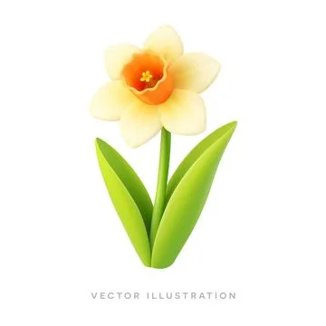 Yellow daffodil flower 3D realistic icon. Spring Easter botanical vector Stock Illustration