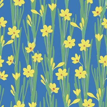 Yellow daffodils seamless vector pattern on blue background. Narcissus spring Stock Illustration