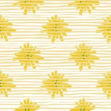 Yellow daisy pattern in doodle style on stripes background. Chamomile flowers Illustrazione stock