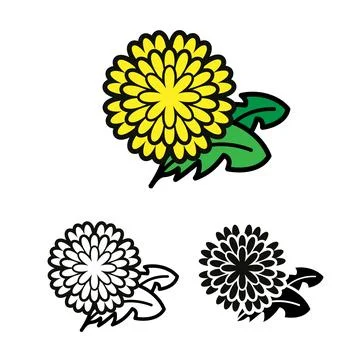 Yellow Dandelion Flower Vector Icon Set with Outline and Silhouette Stock Illustration