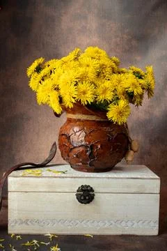 Yellow dandelions in a rustic clay pot resting on a vintage white wooden box. Stock Photos