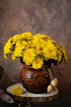 Yellow dandelions in a rustic clay pot resting on a vintage white wooden box. Stock Photos