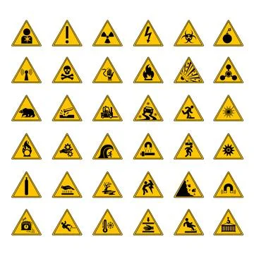 Yellow Danger Warning Signs. Vector Icons Biological Hazard, High Voltage, .. Stock Illustration