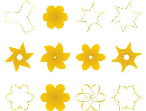 Yellow dashed and solid geometric star shapes set, floral outline vector co.. Illustrazione stock