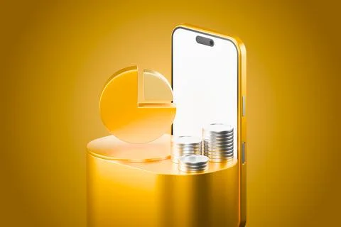 Yellow data pie chart on a round pedestal for financial report presentation 库存插图