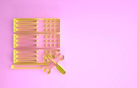 Yellow Database server with screwdriver and wrench icon isolated on pink back Illustrazione stock