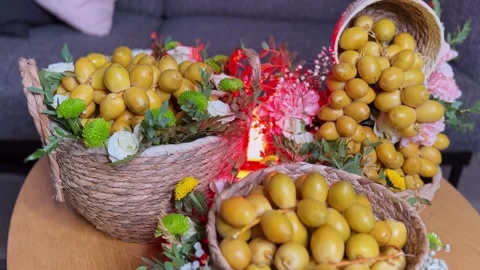 Yellow Dates In Floral Wicker Baskets Stock Footage 344085858