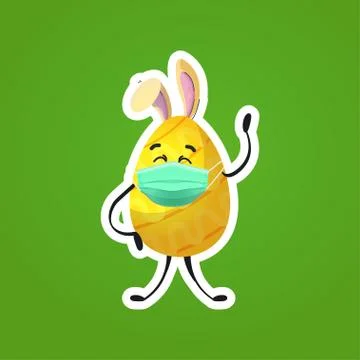 Yellow decorated egg with rabbit ears in medical mask happy easter spring Stock Illustration