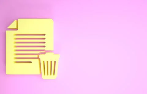 Yellow Delete file document icon isolated on pink background. Paper sheet wit Illustrazione stock