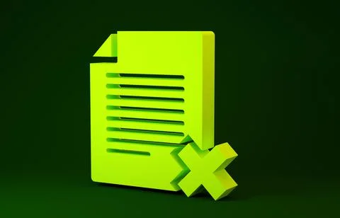 Yellow Delete file document icon isolated on green background. Rejected docum 스톡 일러스트