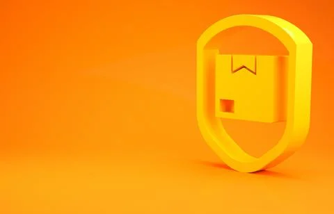 Yellow Delivery pack security with shield icon isolated on orange background. Illustrazione stock