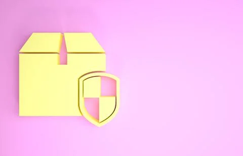 Yellow Delivery pack security symbol with shield icon isolated on pink backgr Illustrazione stock