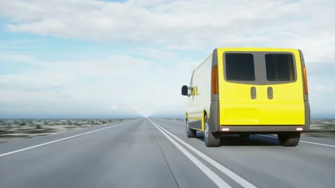 Yellow delivery van on highway. Very fast driving. Transport and logistic Video stock 85707553