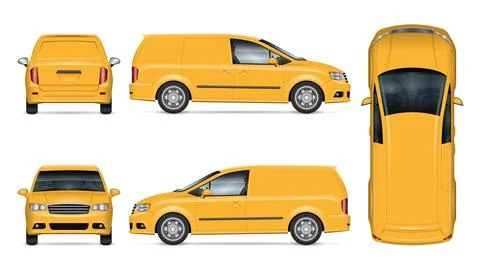 Yellow delivery van vector mockup. Isolated vehicle template side, front, b.. Stock Illustration