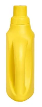 Yellow detergent plastic bottle with measuring cap isolated on white Stock Photos