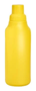 Yellow detergent plastic bottle with measuring cap isolated on white Stock Photos