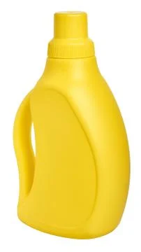 Yellow detergent plastic bottle with measuring cap isolated on white 写真素材