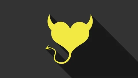 Yellow Devil heart with horns and a tail icon isolated on grey background Stock Footage 147695990