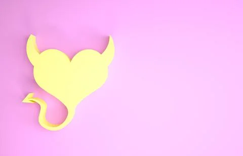 Yellow Devil heart with horns and a tail icon isolated on pink background. Va Stock Illustration