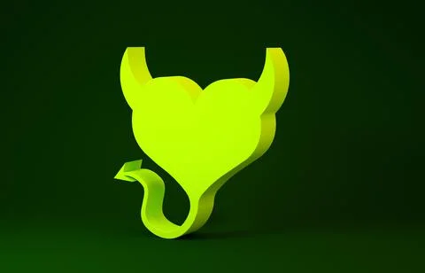 Yellow Devil heart with horns and a tail icon isolated on green background. V 스톡 일러스트