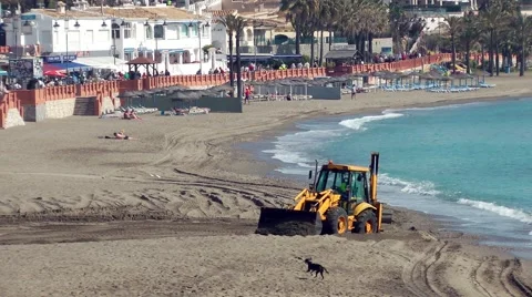 Yellow digger on beach sand sea dog.mp4 Stock Footage 48473942