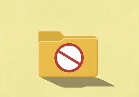 Yellow digital folder with white and red forbidden symbol 스톡 일러스트