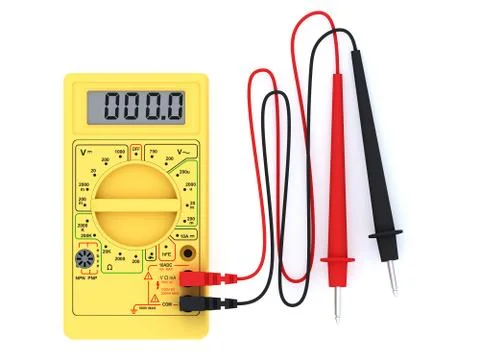 Yellow digital multimeter on white background Stock Photos
