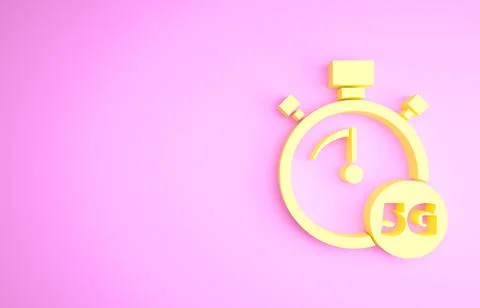 Yellow Digital speed meter concept with 5G icon isolated on pink background.  Stock Illustration