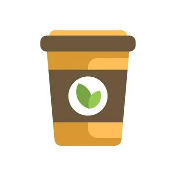 Yellow disposable coffee cup with green leaf logo representing organic produc Stock Illustration