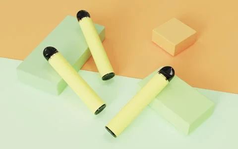 Yellow disposable electronic cigarette orange green minimalist background Foto stock