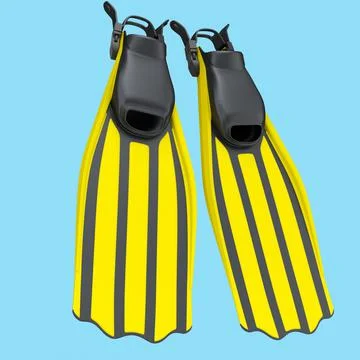 Yellow diving flippers isolated on blue. 3d render of snorkeling equipment Stock Illustration