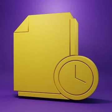 Yellow Document with clock icon isolated on purple background. Document and.. 스톡 사진