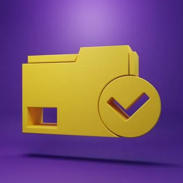 Yellow Document folder and check mark icon isolated on purple background. C.. Illustrazione stock