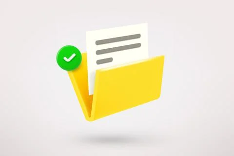 Yellow document folder with green checkmark. 3d vector icon Иллюстрация