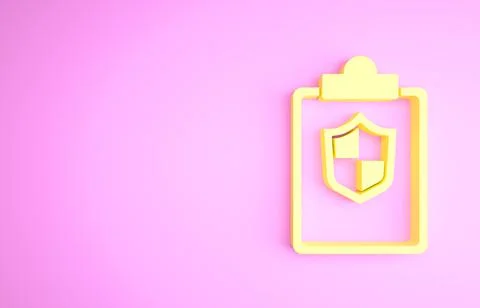 Yellow Document with shield icon isolated on pink background. Insurance conce 스톡 일러스트