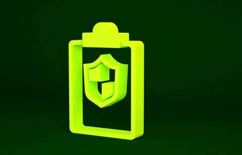 Yellow Document with shield icon isolated on green background. Insurance conc 스톡 일러스트