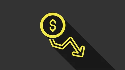 Yellow Dollar rate decrease icon isolated on grey background. Cost reduction Stock Footage 155479832