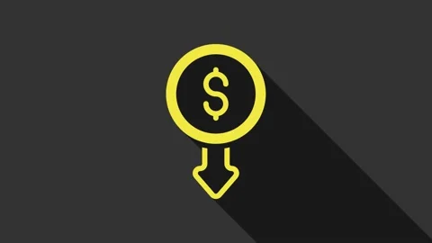 Yellow Dollar rate decrease icon isolated on grey background. Cost reduction Stock Footage 155480001
