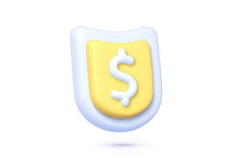 Yellow dollar security 3d vector illustration. Dollar shield 3d cartoon icon Stock Illustration