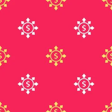 Yellow Dollar, share, network icon isolated seamless pattern on red background Illustrazione stock