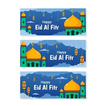 Yellow Dome Mosque Eid Al Fitr Banner Stock Illustration